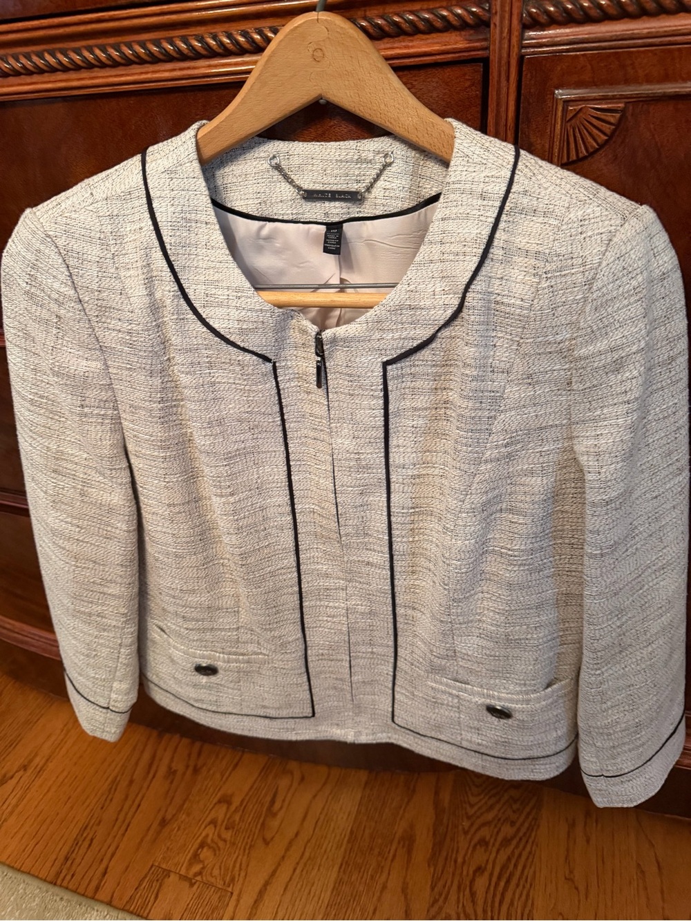 White House Black Market Cream Tweed Jacket with Black Trim Piping. Sparkle
